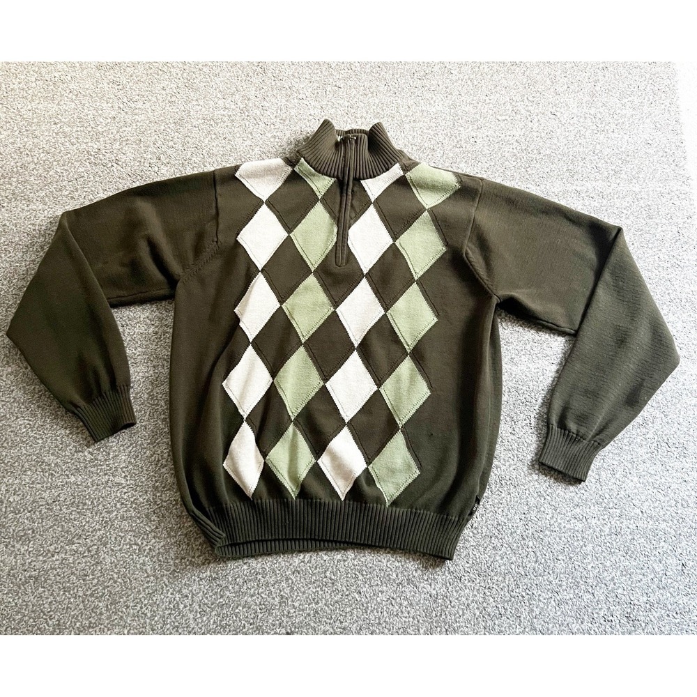 IZOD Green Argyle Sweater Men's Size Medium 1/4 Zip Cotton Preppy‎ Academia